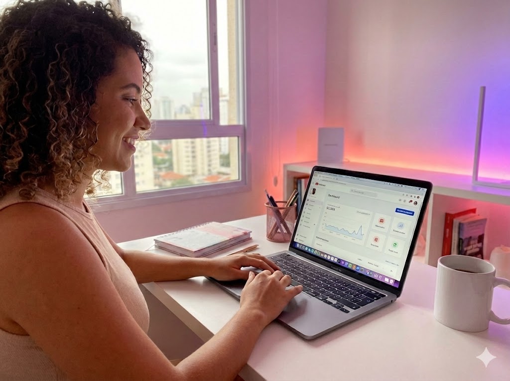 Mulher gerenciando perfil em um notebook