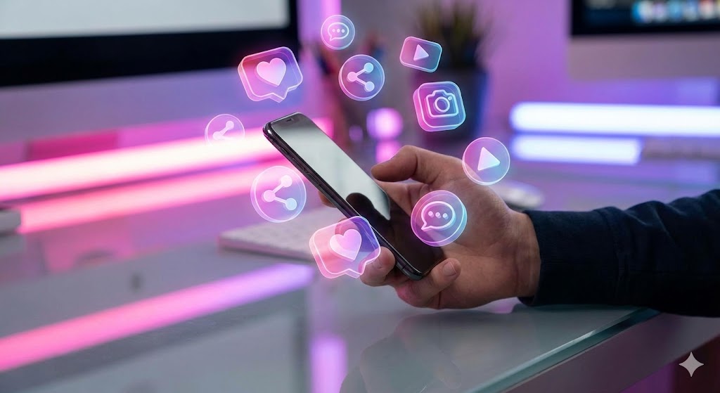 Ícones de redes sociais flutuando ao redor de um celular